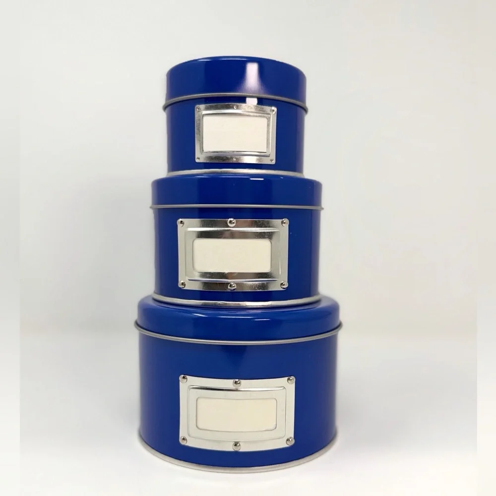 Blue Nesting Storage Tins Set of 3 Minimalist Home Organization Decor